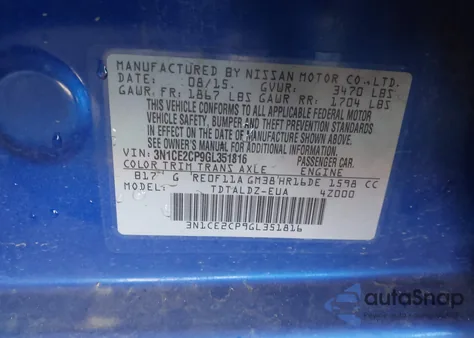 2016 Nissan Versa Note S (Sr)/S Plus/Sl/Sr/Sv from USA, damaged, VIN 3N1CE2CP9GL351816